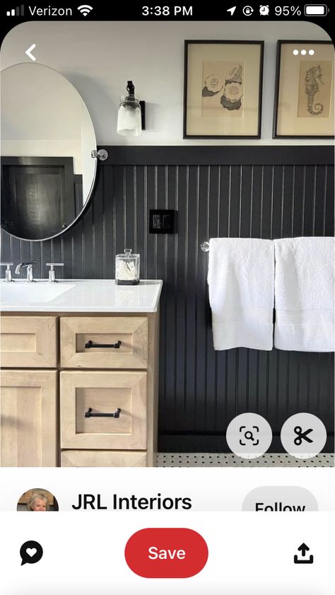 Black Beadboard Bathroom, Black Bead Board, Black Beadboard, Bathroom Beadboard, Tricorn Black, Dark Bathroom, Beadboard Bathroom, Basement Finishing, Dark Bathrooms