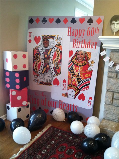 King of Our Hearts Poker theme 60th Birthday Party Decorations - face card photo booth cutouts and box dice Poker Theme Decor, Birthday Poker Theme, Poker Theme 60th Birthday, Blackjack Party, Poker Themed 40th Birthday, 60th Birthday Casino Theme, Texas Holdem Poker Party, Cookies Cupcake, Casino Night Fundraiser