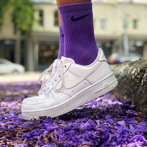 Purple hand dye Nike socks by Spicysocks.au Nike Air force one white shoes Purple Socks Outfit, Nike Socks Aesthetic, Purple Air Force 1, Dyed Nike Socks, Nike Socks Outfit, Socks With Sneakers, Nike Custom, Socks Aesthetic, Socks Nike