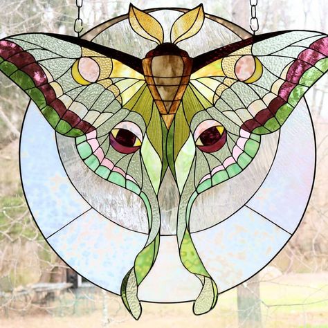 Stained Glass Art Ideas, Neile Cooper, Luna Moths, Glass Art Installation, Glass Butterflies, Glass Cabin, Painted Glass Art, Glass Diy, Stained Glass Butterfly