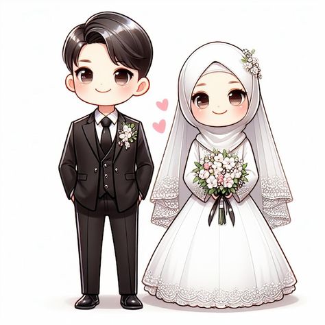 Gambar Wedding, Animasi Wedding, Eid Cartoon, Muslim Wedding Couple, Muslim Couple Cartoon Art, Snack Tower, Wedding Card Frames, 2d Illustration, Muslim Couple