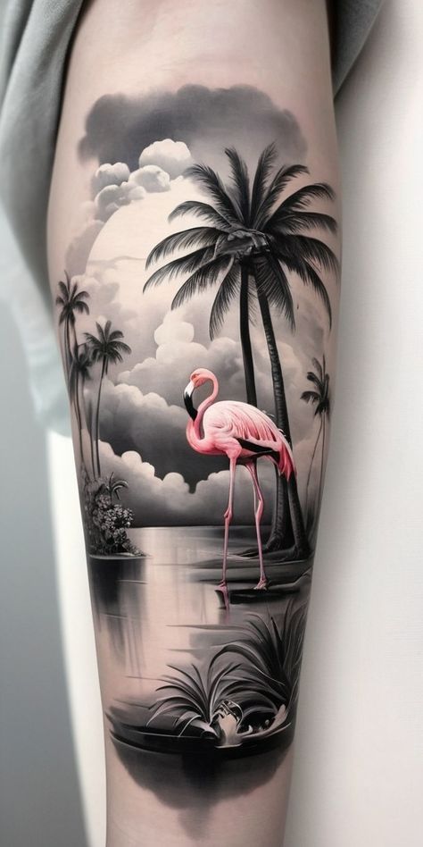 Realism Tattoo Design For Women, Flamingo Beach Tattoo, Flamingo Tattoo For Men, Palm Tree And Flamingo Tattoo, Black And Grey Flamingo Tattoo, Palm Tree Flamingo Tattoo, Black Flamingo Tattoo, Flamingo Tattoo Design, Tropical Bird Tattoo