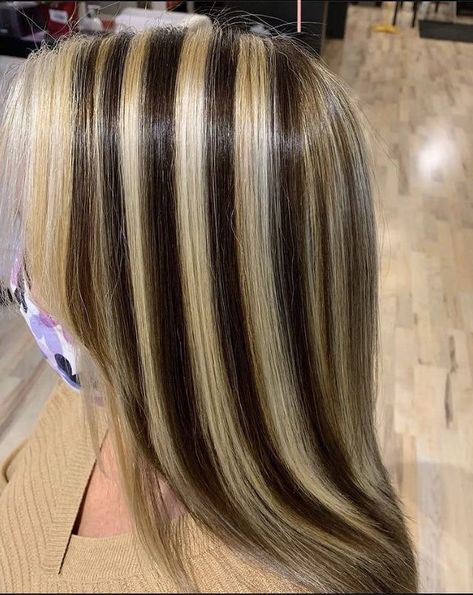 Stripy Hair Blonde Highlights, Brown Hair With Chunky Blonde Highlights Y2k, Chunky Black Highlights, Blonde And Brown Chunky Highlights, Skunk Chunky Highlights, Strip Dyed Hair, Chunky Blonde Highlights Y2k, Black Hair With Chunky Highlights, Chunky Brown Highlights