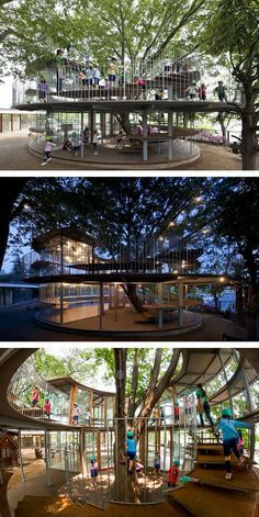 Kindergarten Around The Tree - This is suppose to be a public tree house but imagine how awesome this would be in a backyard!!! I love it! Building Around Trees, Architecture With Trees, Architecture Around Trees, Tree In Architecture, Tree Playground, Public Spaces Design, Tree House Playground, Kindergarten Architecture, Tree Architecture