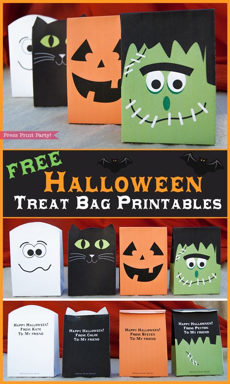 Free Halloween printable treat bags by Press Print Party! Bhg Halloween, Kids Halloween Party Treats, Halloween Goodie Bag Ideas, Popcorn Halloween, Keto Halloween, Marshmallow Halloween, Halloween Paper Bags, Halloween Treat Bags Diy, Halloween Party Bags