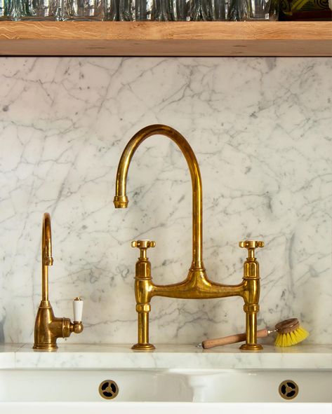 Taps & Sinks | deVOL Kitchens Antique Brass Kitchen Faucet, Vintage Kitchen Faucet, Brass Pot Filler, Vintage Faucet, Tuscan Farmhouse, Arabescato Marble, Devol Kitchens, Brass Kitchen Faucet, Brass Pot