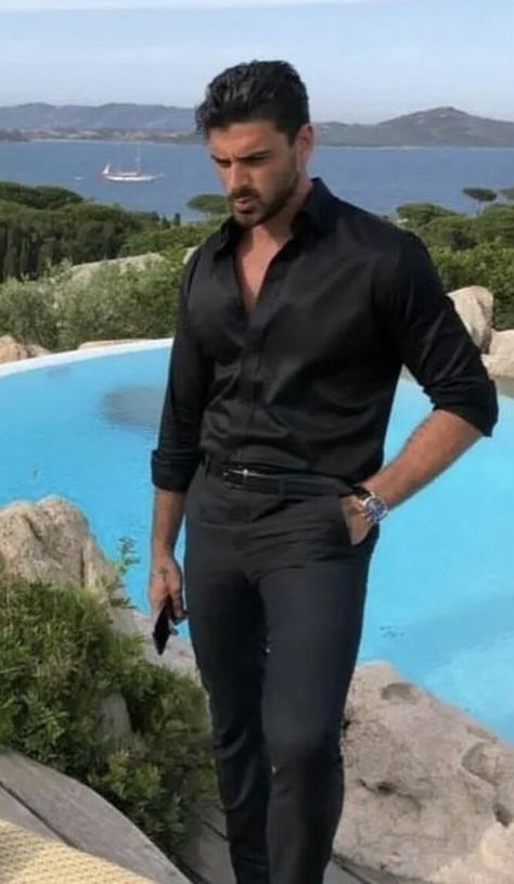 Michele Morrone Black Suit, Michael Morrone, Black Blazer Men, Handsome Italian Men, Men Fashion Photoshoot, Smart Casual Menswear, Michele Morrone, Shiny Pants, Outfit Layout