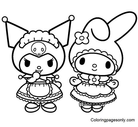 Creation Coloring Pages, My Melody And Kuromi, Melody And Kuromi, Hello Kitty Imagenes, Hello Kitty Colouring Pages, Hello Kitty Coloring, Cute Cartoon Characters, Cartoon Coloring Pages, Hello Kitty Pictures