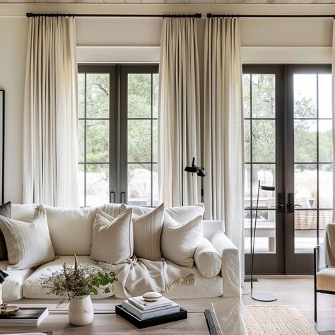 The white living room boasts modern curtains Two Window Curtain Ideas, Living Room Big Windows, Window Treatments Diy, House Curtains, Luxury Villa Design, Cool Tricks, Diy Window Treatments, Fancy Houses, Salon Interior Design