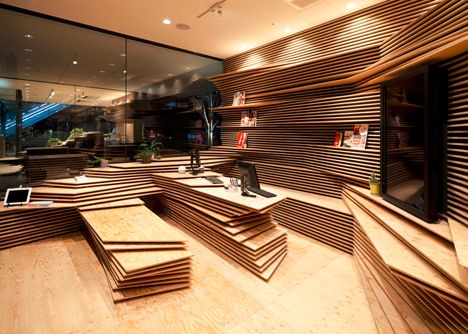 Topographic Interiors: Pair of Stacked Plywood Storefronts Café Design, Retail Architecture, Kengo Kuma, Reception Desks, Japanese Architect, Wood Interior, Standing Desks, Lounge Design, Japanese Interior