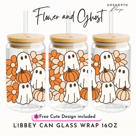 Flower and Ghost 16oz Libbey Can Glass Svg, Halloween Ghost Glass Cup Svg, Halloween Pumpkins, Cute Ghost Svg, Cute Halloween Glass Wrap Svg by UDshopTHDesign on Etsy Halloween Beer Can Cup, Beer Can Glass Design Fall, Beer Can Glass Design Halloween, Halloween Cup Wrap Svg, Ghost Glass Cup, Glass Tumbler Design, Cupping At Home, Ghost Design, Silhouette Free