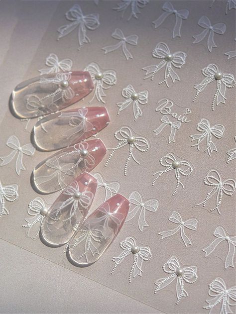 1pc 5D Nail Stickers Pearl Bow  Butterfly  Nail Charms Engraved Sliders For Nails Decor Manicure Decals DIYI discovered amazing products on SHEIN.com, come check them out! 5d Nail Art, Shell Light, Nail Stickers Decals, Pearl Decorations, Pearl Bow, Butterfly Nail, Nail Charms, Lace Bows, Art Stickers