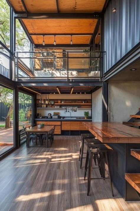 Modern house built with shipping containers and wood beam frame. Check out these shipping container homes and learn their advantages, design appeal, and unique characteristics. Shipping Container Home Exterior, Foundation For Container Home, Tiny Container House Interiors, Storage Container Floor Plans, 3 Shipping Container Homes Plans, Cool Container Homes, Container Home Community, Storage Containers Homes, Container Houses Modern