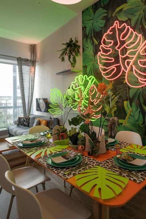 Retro 80s Neon Dinner Party Table Settings & Ideas Neon Table, Table Settings Ideas, Tropical Neon, Dinner Party Table Settings, Color Energy, Neon Jungle, Creative Table, 80s Neon, Dinner Party Table