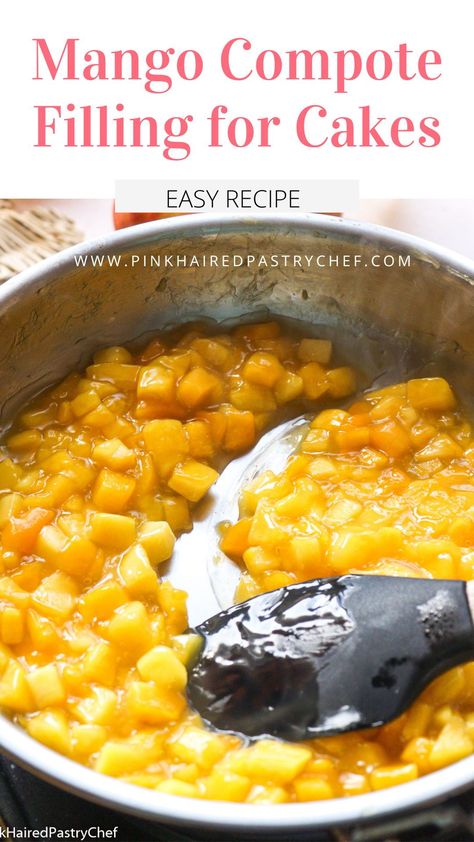 Easy, 4 ingredient mango compote. Perfect for filling cakes, macarons, pavlovas, cupcakes etc. Mango Topping For Cake, Mango Cake Filling Recipes, Easy Mango Cake Recipes, Mango Compote Recipes, Mango Strawberry Cake, Mango Cake Filling, Mango Filling For Cake, Fruit Filling For Cake, Homemade Tiramisu Recipe