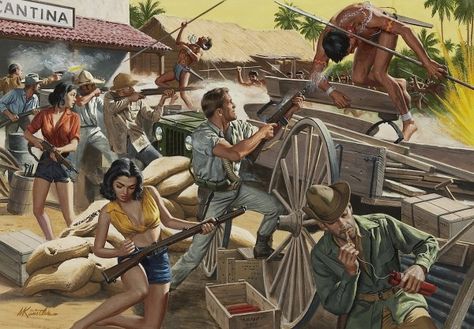 21095823-MORT KUNSTLER (American b. 1931) Holding Them Off at the Cantina, For Men Only cover, circa 1965 Art Pulp Fiction, Adventure Artwork, 1960s House, Adventure Magazine, Pulp Fiction Art, Pulp Covers, Pulp Magazine, Adventure Art, Interior Illustration