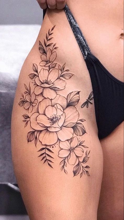 Front Thigh Tattoos, Thigh Tattoos For Women, Floral Hip Tattoo, Different Styles Of Tattoos, Upper Thigh Tattoos, Cute Thigh Tattoos, Girl Thigh Tattoos, Thigh Tat, Hip Thigh Tattoos