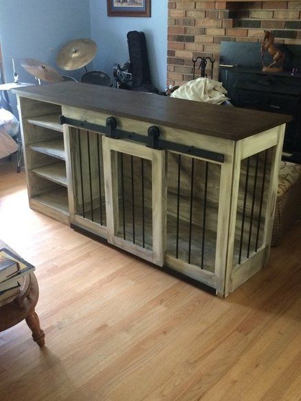 TV stand/ Dog crate Dog Crate Tv Console Diy, Tv Stand Dog Bed, Dog Cage Tv Stand, Dog Kennel Furniture With Storage, Dog Crate Tv Stand, Crate Tv Stand, Wood Dog Crate, Diy Dog Crate, Dog Kennel Furniture