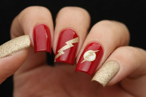 Nail art inspired by The Flash Lightning Bolt Nails, Superhero Nails, Lightning Nails, Opi Nail Polish Colors, Harry Styles Nails, Unghie Nail Art, Nail Vinyls, Red Acrylic Nails, Red Nail Polish