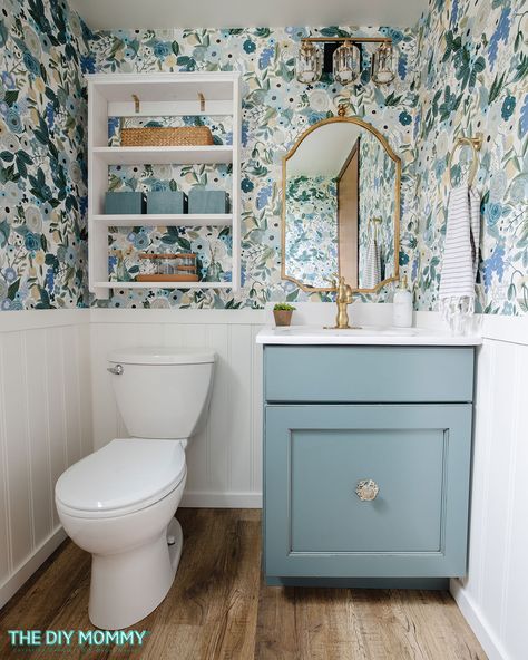 Small Bathroom Remodel on a Budget with Statement Wallpaper Thomasville Cabinetry, Toilet Ideas, Diy Mommy, Old Vanity, Statement Wallpaper, Wallpaper Bathroom, Powder Room Makeover, Bathroom Transformation, Small Bathroom Makeover