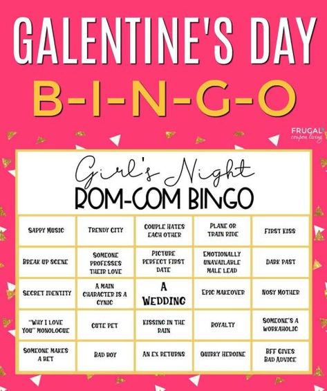 Galentine's Day Bingo - perfect for a Girl's Night. This Rom Com bingo game has everything a Romantic Comedy holds. Happy Valentines' Day or Cynical Schmalentine’s Day! Galentine's Day Ideas for your Girls' Valentine's Day celebration on February 13th! Best Friend Forever BFF Ideas for Ladies Night, Brunch, Slumber Parties, Bachelorette and more! #FrugalCouponLiving #galentines #galentinesday #valentine #valentines #valentinesday #happyvalentinesday #girlsnightout #girlsnight #ladiesnight #ladie Romcom Bachelorette Party, Movie Night Bachelorette Party, Bachelorette Movie Night, Rom Com Party, Bachelorette Movie, Bachelorette Party Ideas Girl Night, Clean Bachelorette Party, Bff Ideas, Bachelorette Party Games Drinking