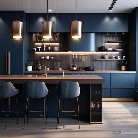 Bold Backsplash, Blue Kitchen Interior, Navy Blue Kitchen Cabinets, Kitchen Quartz, Dark Blue Kitchens, Blue Kitchen Designs, Island Farmhouse, Waterfall Island, Farmhouse Sinks