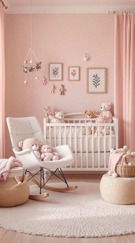 Pink Bedroom Ideas Baby Girl Room Pink Wall, Nursery Pink Walls, Dusty Pink Nursery, Design A Bedroom, Pink Art Deco, Pink Bedroom Ideas, Minimalist Nursery, Classic French Style