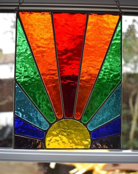 Stained Glass Rainbow, Sunset Rainbow, Stained Glass Sun, Glass Diy, Stained Glass Window Hanging, Stained Glass Suncatcher, Stained Glass Diy, Stained Glass Crafts, Stained Glass Panel