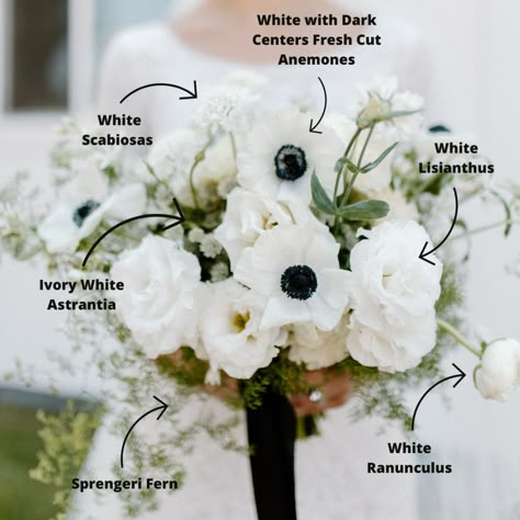 Black and White Flowers for Weddings - Fiftyflowers White Flower Centerpieces, Black Wedding Flowers, Brides Flowers Bouquet, Small Bridal Bouquets, Anemone Bouquet, Black Bouquet, White Flower Bouquet, Black And White Wedding Theme, White Flower Arrangements