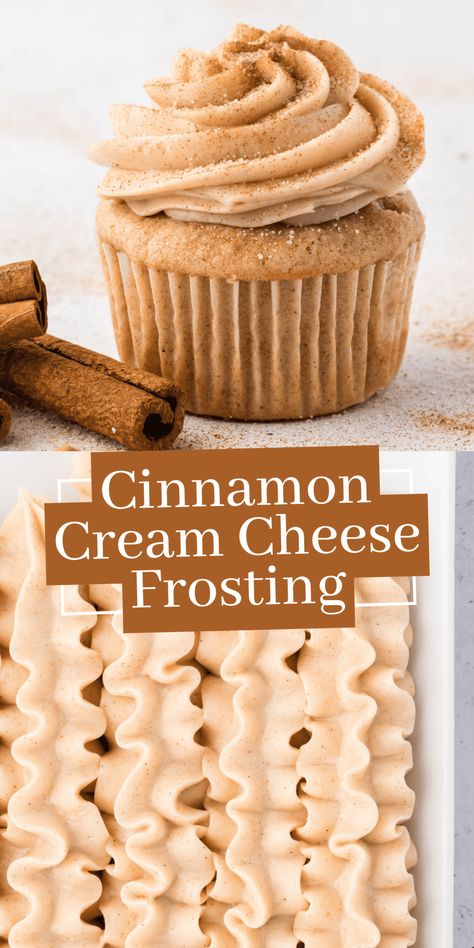 Easy 5 ingredient cinnamon cream cheese frosting upgrades any cake, cupcakes, or sugar cookie bars! Make cinnamon frosting in one bowl in just 5 minutes! Snickerdoodle Frosting, Frosting Tricks, Cookie With Frosting, Cinnamon Roll Cupcakes, Cinnamon Frosting, Cream Cheese Frosting Easy, Cinnamon Icing, Cinnamon Cream Cheese, Sugar Frosting