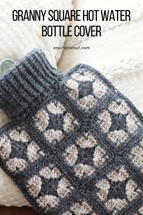 Granny Square Hot Water Bottle Cover: Free Pattern Crochet Hot Water Bottle Cover, Make A Granny Square, Crochet Pattern Granny Square, Crochet Water Bottle Holder, Tl Yarn Crafts, Granny Square Projects, Modern Crochet Patterns, Water Bottle Covers, Hot Water Bottle Cover