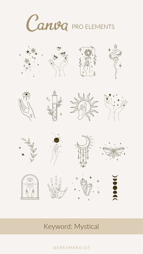 A beige background titled Canva Mystical Elements with a brand code below which displays elements created by the same artist. Graphics are variations of mystic hands, luminaries, magic potions, butterflies, etc. Branding Design Elements, Mystic Graphic Design, Tarot Graphic Design, Mystic Tattoo Magic, Mystic Logo Design, Magic Graphic Design, Spiritual Graphics, Moon Graphic Design, Mystic Tattoo