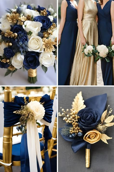 Gorgeous Navy Blue and Gold Wedding Color Ideas That Will Inspire You - Francisca's Bridal Navy Blue And Gold Wedding Bouquet, Navy Blue And Gold Wedding Cake, Navy And Gold Wedding Cake, Navy Blue And Gold Centerpieces, Royal Blue And Gold Wedding Decorations, Royal Blue And Gold Wedding Theme, Navy And Gold Wedding Theme, Quince Planner, Francisca's Bridal