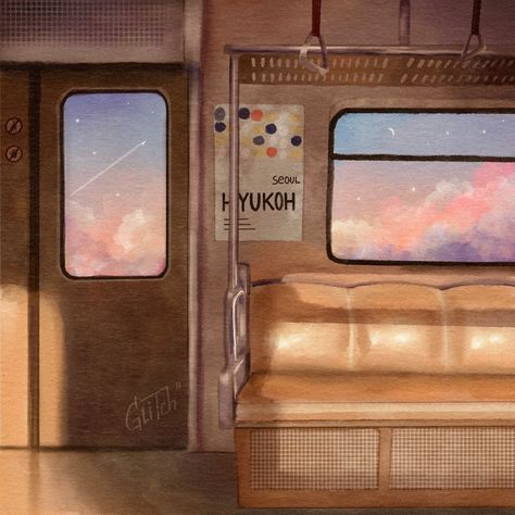 Inst: glitchinch Drawing of train, procreate drawing, digital drawing Inside Train Illustration, Inside Train Drawing, Drawing Of Train, Train Artwork, Aesthetic Train, Bus Drawing, Sleeping Drawing, Train Illustration, Train Drawing