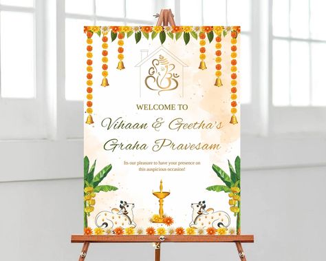 Indian House Warming, Housewarming Invitation, Traditional Decoration, Floral Minimalist, Invitation Frames, Indian House, Marriage Cards, Housewarming Decorations, Welcome Board