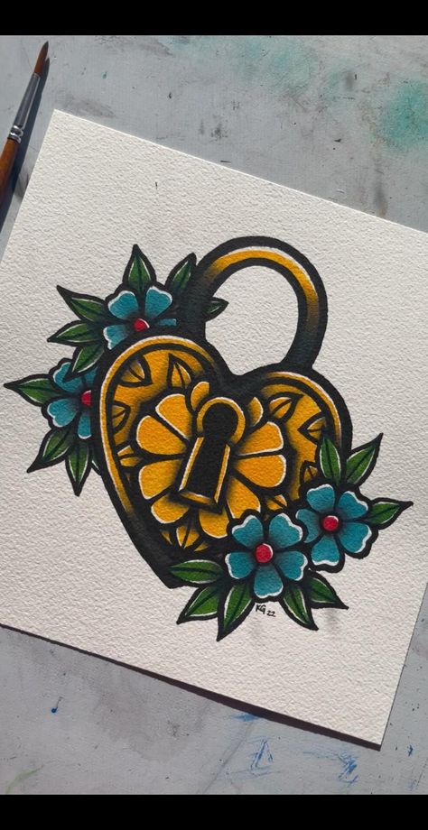 locked down | flash tattoo painting Watercolor Traditional Tattoo, Tattoo Style Paintings, Painted Tattoo Flash, Flash Art Painting, Tattoo Flash Painting, Tattoo Painting Ideas, Tattoo Portfolio Ideas Drawings, Colored Traditional Tattoo, Tattoo Portfolio Apprentice