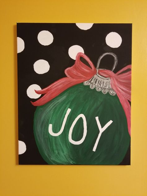 Painting of green ornament with Joy quote using acrylics. If you are interested in seeing more paintings, visit my Facebook page, Pain't it Pretty.  Thank you! Paintings For Christmas Gifts, Cute Christmas Paintings Easy Simple, Christmas Ornament Painting On Canvas, Easy Christmas Canvas Paintings Simple, Easy Christmas Painting For Kids, Easy Christmas Canvas Paintings For Kids, Kids Christmas Canvas Painting, Ornament Canvas Painting, Mini Christmas Canvas Paintings