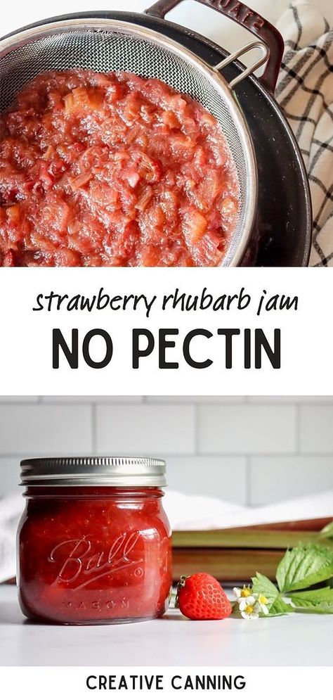 Embrace the simplicity of Strawberry Rhubarb Jam No Pectin, a must in our Canning Jam Recipes collection. With no pectin needed, this jam is surprisingly easy to make, offering a tangy yet sweet flavor profile that’s irresistibly delicious. Ideal for enhancing breakfasts or desserts. Find more fruit preserves, preserving fruit in jars, and canning fruit recipes at creativecanning.com. Rhubarb Jam No Pectin, Rhubarb Canning Recipes, Fruit In Jars, Strawberry Canning, Preserve Strawberries, Canning Fruit Recipes, Grape Jam Recipe, Spring Fruits, Strawberry Rhubarb Recipes