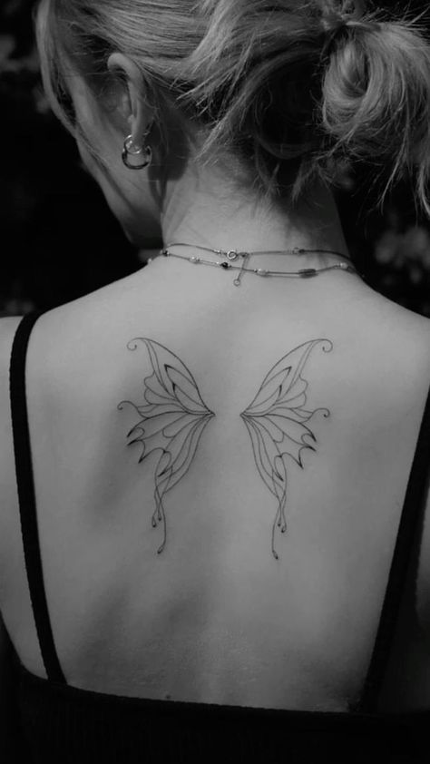 Fine Line Fairy Wing Tattoo, Across Back Tattoo Women, Fairy Wings Tramp Stamp, Winx Club Wings Tattoo, Faerie Wings Tattoo, Small Fairy Wings Tattoo, Fairy Wings On Back Tattoo, Fine Line Wing Tattoo, Back Fairy Wings Tattoo