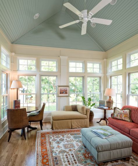 Beadboard Ceiling With Wood Beams, Ceiling Paneling Ideas, Blue Beadboard, Ceiling Paneling, Painted Ceiling Beams, Sunroom Dining Room, Great Room Addition, Vaulted Ceiling Ideas, Sunroom Dining