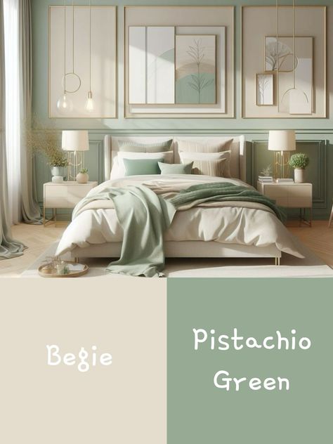 Room Colour Schemes Bedrooms, Green Color Scheme For Bedroom, Pastel Green Aesthetic Room Decor, Sage Green Bedroom Palette, Bedroom White Furniture Color Schemes, Sage Guest Room, Bedroom Colour Palette Color Schemes, Sage Green Bedroom Walls Color Palettes, Beige And Green Bedroom Ideas