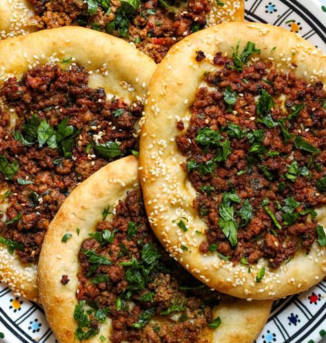 Middle Eastern Lamb Flatbread – Fig & Olive Platter Lamb Flatbread, Middle Eastern Lamb, Olive Platter, Lamb Pie, Homemade Flatbread, Mediterranean Spices, Baking Stone, Ground Lamb, Flatbread Recipes