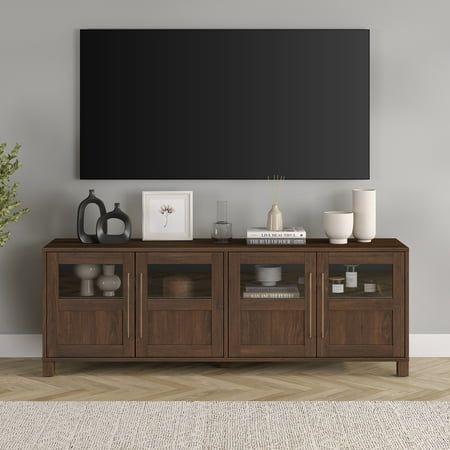 Tv Console Decorating, Tv Stand Decor Living Room, Tv Stand Decor, Tv Console Table, Living Room Tv Stand, Tv Stand Wood, Tv Decor, Modern Tv Stand, Glass Panel