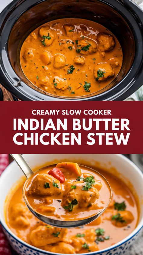 Enjoy a bowl of Slow Cooker Indian Butter Chicken Stew, where tender chicken simmers in a creamy, spiced tomato sauce. This easy butter chicken recipe brings rich, authentic Indian flavors straight to your kitchen with minimal effort! Perfect for weeknight dinners, meal prep, or cozy nights in. Just toss the ingredients in the slow cooker and let it work its magic! Save this flavorful slow cooker recipe for your next meal! Slow Cooker Indian, Easy Butter Chicken Recipe, Easy Butter Chicken, Slow Cooker Stew Recipes, Butter Chicken Recipe Easy, Classic Beef Stew, Slow Cooker Stew, Indian Butter Chicken, Easy Butter