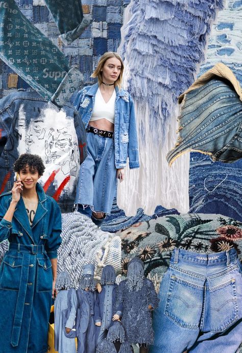 Denim dreams. Denim goals. Denim fantasy.  #denim #fashion #college #schoolproject #collage #art #offwhite #streetstyle Denim Mixed With Other Fabric, Denim Astethic, Casual Recycled Denim Bottoms With Collage Stitching, Denim Manipulated, Denim Fabric Manipulate, Denim Collage, Intricate Dress, Utility Outfit, Recycled High-rise Denim For Streetwear