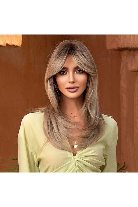 COOlHAlR Ash Blonde Wig with Bangs Long Straight Layered Hair Wigs for Women Long Straight Layered Hair, Straight Layered Hair, Gradient Hair, Natural Wigs, Fake Hair, Spring Hairstyles, Brown To Blonde, Short Wigs, Blonde Wig