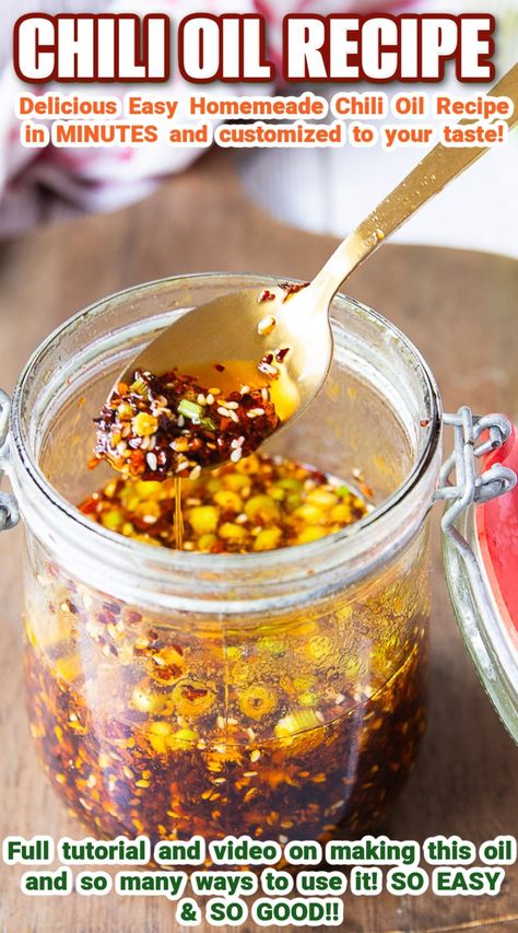 This Chili Oil Recipe has been used on so many dishes lately, we had to share it with you! This is a simple tutorial with variation on how to make chili oil at home and how you can use it. It needs just a few minutes and it adds a punch of flavor when drizzled over any meal. Recipes With Chili Oil, How To Make Chili Oil, Italian Chili Oil Recipe, Make Chili Oil, Dressings Recipes, Chili Oil Recipe, Flexitarian Recipes, How To Make Chili, Pesto Recipes