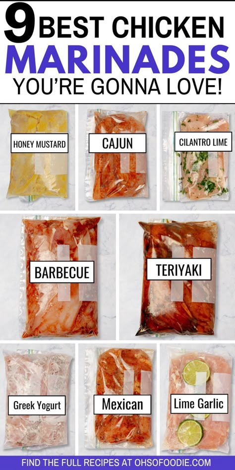 Text reads 9 Best Chicken Marinades You're Gonna Love! Chicken Marinade Greek, Chicken Marinade Teriyaki, Cajun Chicken Marinade, Grilled Chicken Marinades, Best Chicken Marinades, Mustard Chicken Marinade, Best Teriyaki Chicken Recipe, Yogurt Chicken Marinade, Greek Yogurt Chicken Marinade