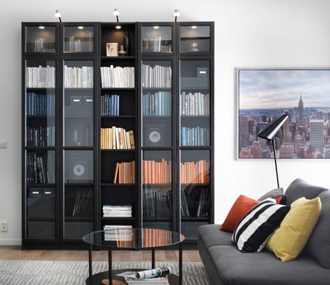 Our BILLY bookcases have adjustable shelves, so you can customize your storage as needed.  Narrow shelves help you use small wall spaces effectively. Söderhamn Sofa, Billy Oxberg, Billy Ikea, Bookcase With Glass Doors, Black Bookcase, Ikea Living Room, Led Cabinet Lighting, Ikea Billy Bookcase, Ikea Billy