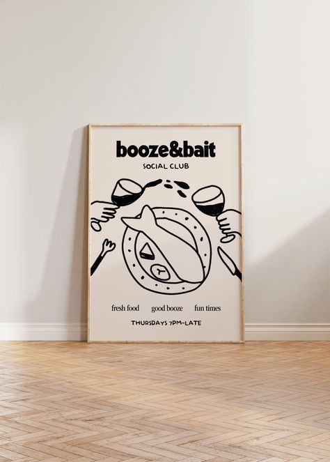 Booze & Bait Social Club Print - A4 / Black / White Frame Cool Dining Room, Cocktail Painting, Minimal Icon, Fun Art Print, Wedding Poster, Cool Wall Decor, Room Prints, Doodle Icon, Themes App